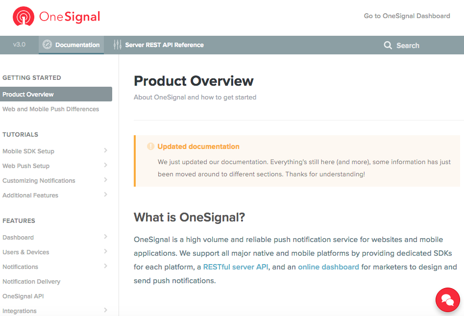 OneSignal Documentation Screenshot
