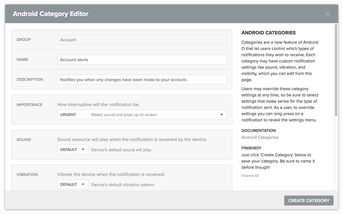 Android O Category Editor in OneSignal